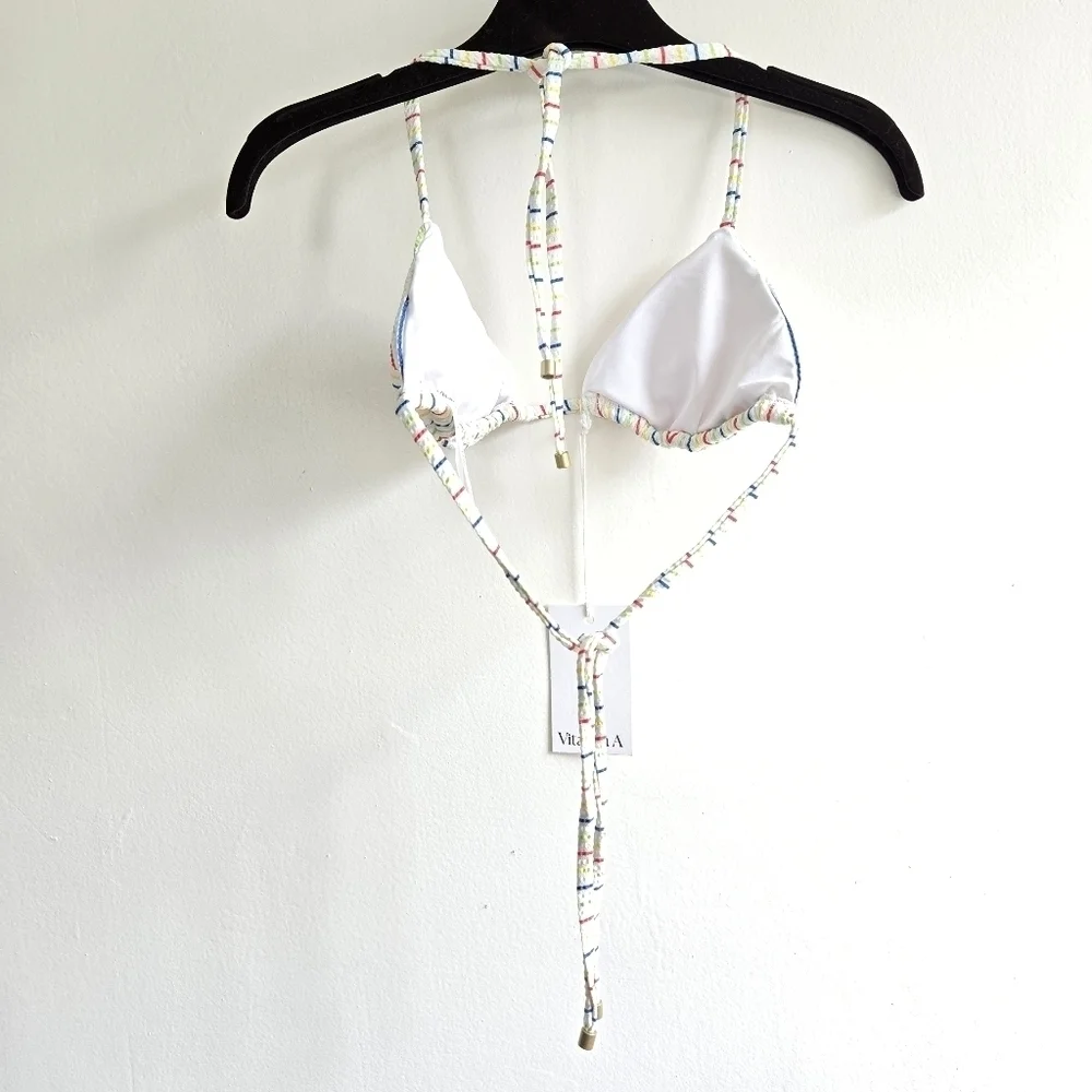 New Vitamin A Natalie Miter Retro Stripe Yarn Dye Triangle Bikini Set NWT Small